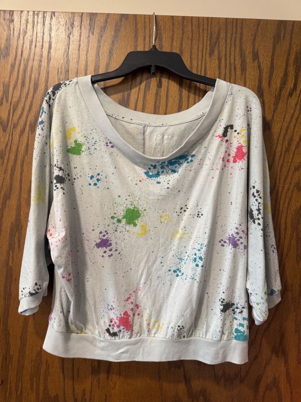 One Step Up Light Gray BoatNeck Pullover with Multicolor Paint Splatter